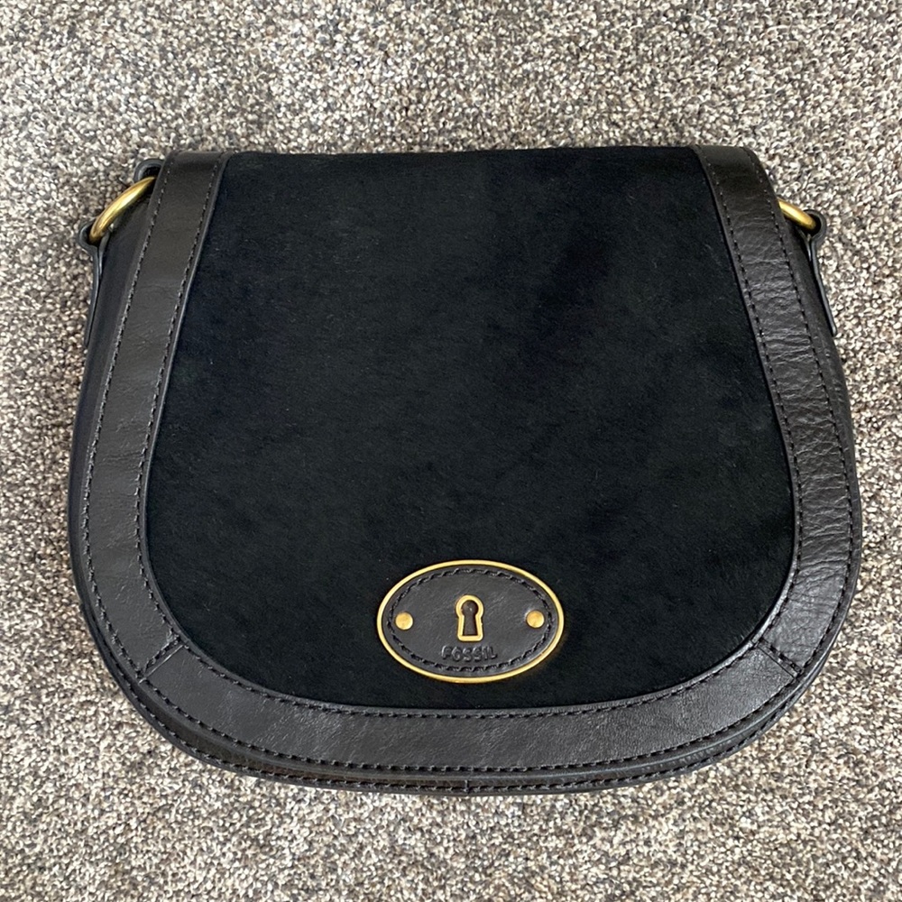 Fossil  Black Leather Pony Hair Flap Front Crossbody Shoulder Bag